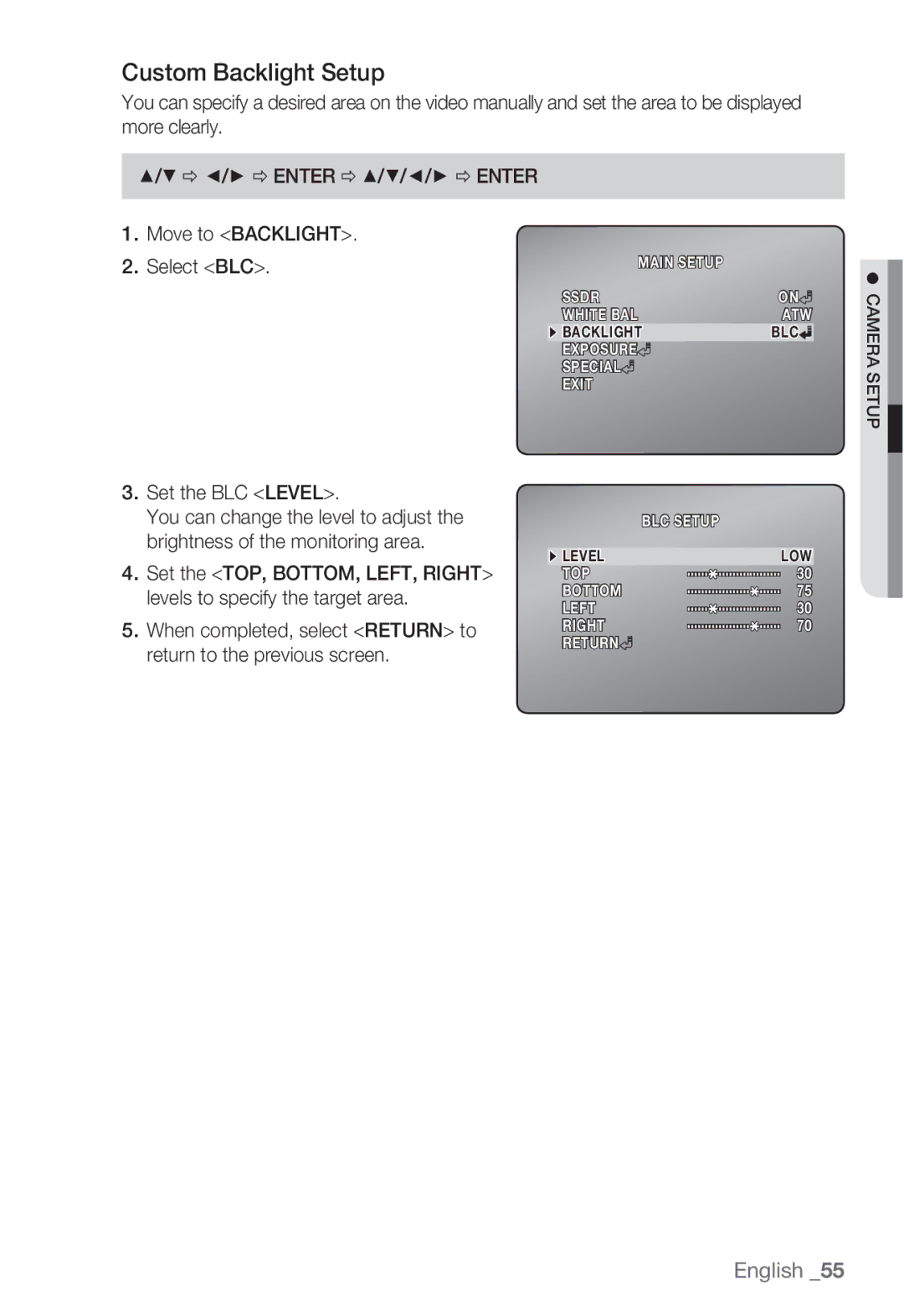 Samsung SNV-5080, SNB-5000, SND-5080F, SNB5000 user manual Custom Backlight Setup, Set the BLC Level 