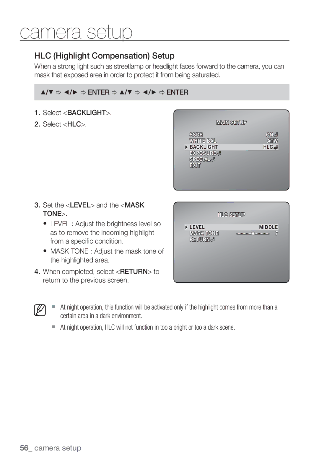 Samsung SNV-5080, SNB-5000, SND-5080F, SNB5000 user manual HLC Highlight Compensation Setup, Tone 