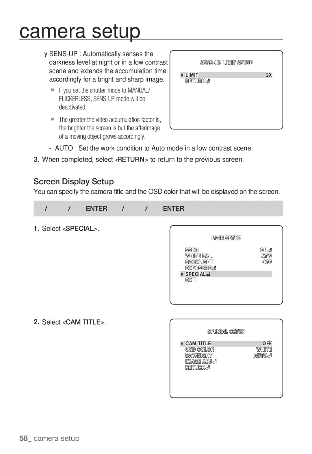 Samsung SND-5080F, SNV-5080, SNB-5000, SNB5000 Screen Display Setup, SENS-UP Automatically senses, Select CAM Title 