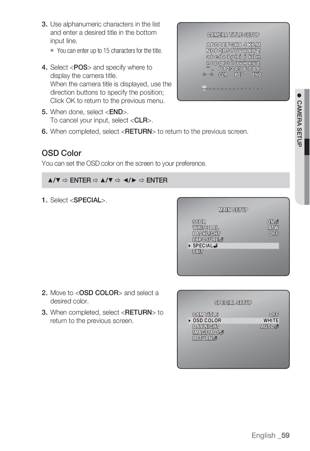 Samsung SNB5000, SNV-5080, SNB-5000, SND-5080F OSD Color, Select POS and specify where to display the camera title 