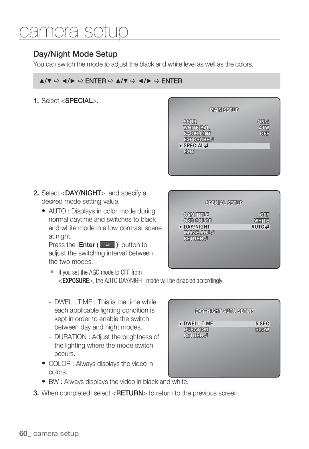 Samsung SNV-5080, SNB-5000, SND-5080F, SNB5000 user manual Day/Night Mode Setup, Duration Adjust the brightness 