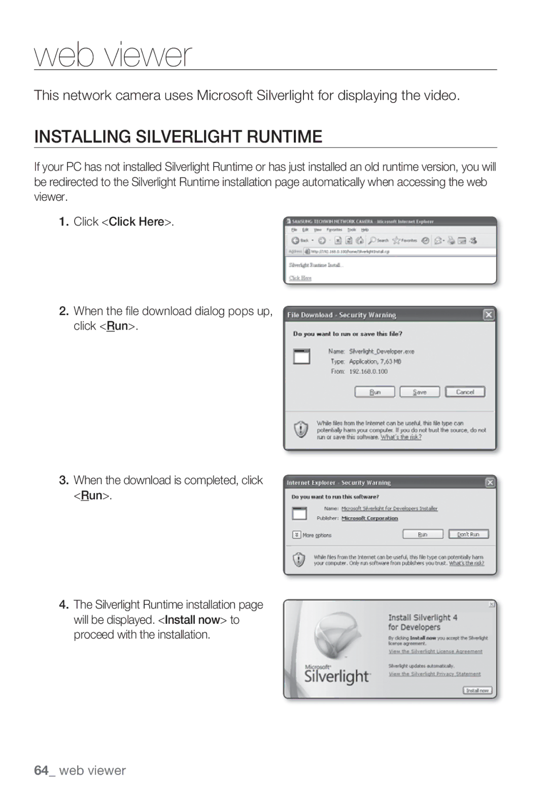 Samsung SNB5000, SNV-5080, SNB-5000, SND-5080F user manual Installing Silverlight Runtime 