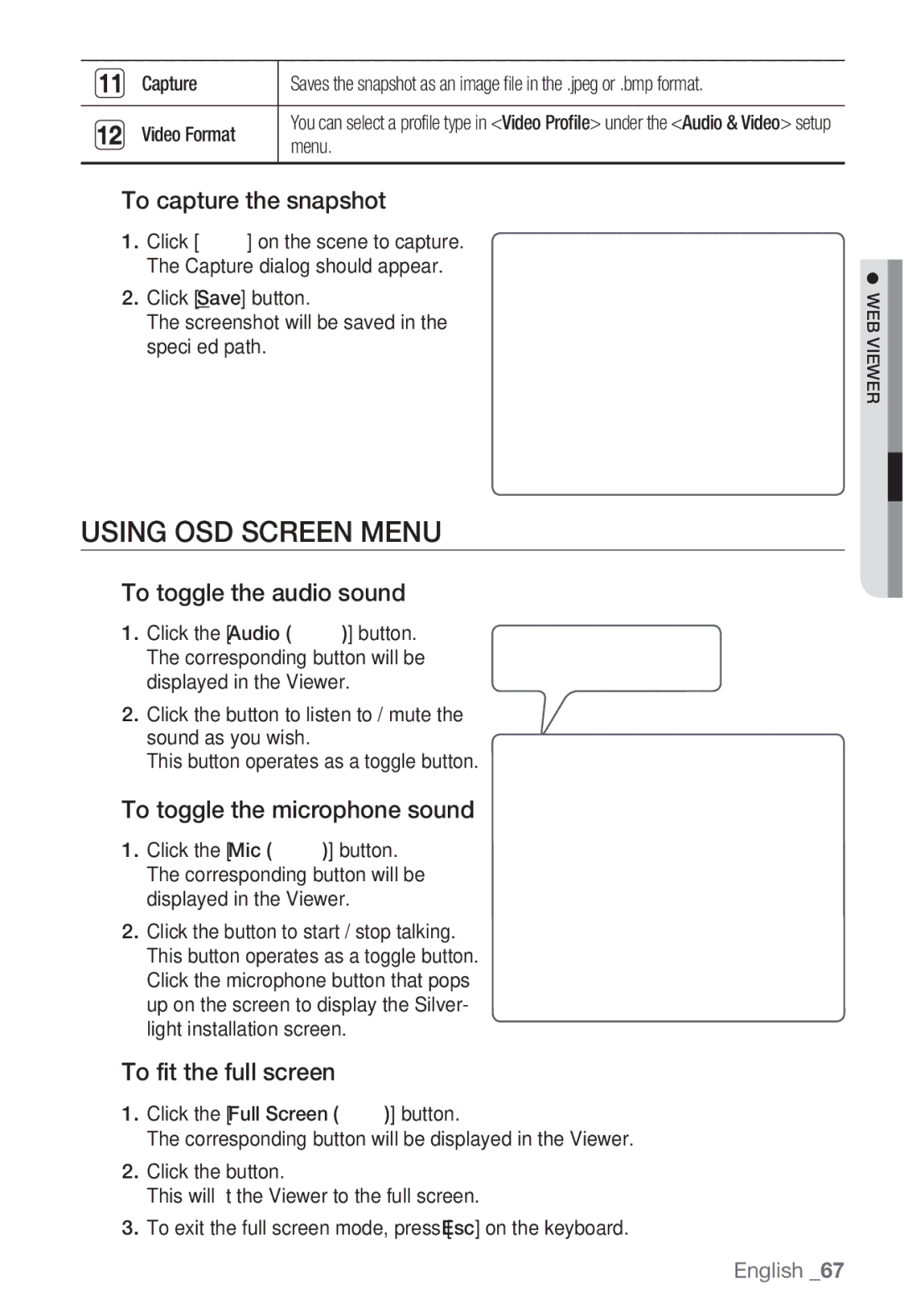 Samsung SNB-5000 Using OSD Screen Menu, To capture the snapshot, To toggle the audio sound, To toggle the microphone sound 