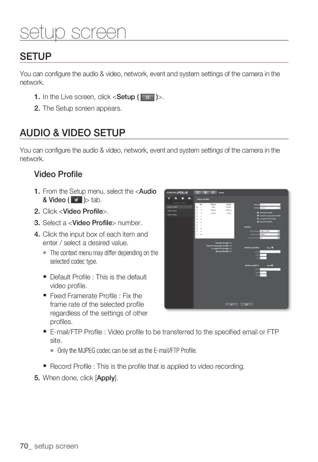 Samsung SNV-5080, SNB-5000, SND-5080F, SNB5000 user manual Audio & Video Setup, Video Profile 