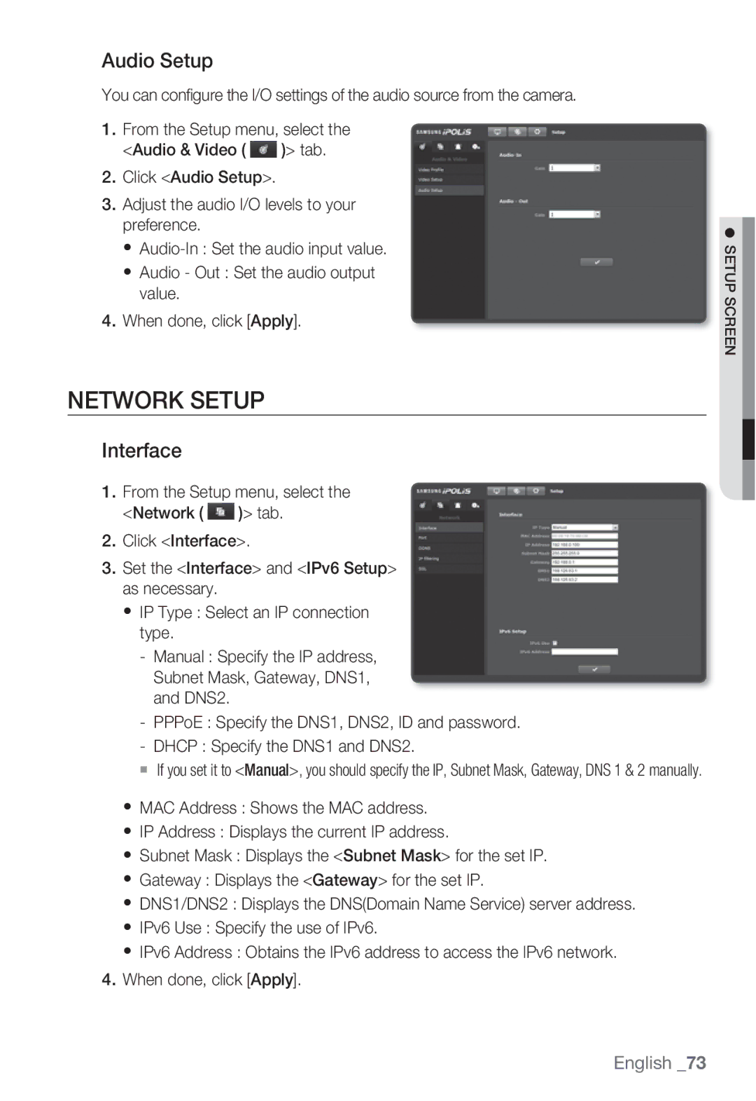 Samsung SND-5080F, SNV-5080, SNB-5000, SNB5000 user manual Network Setup, Audio Setup, Interface 