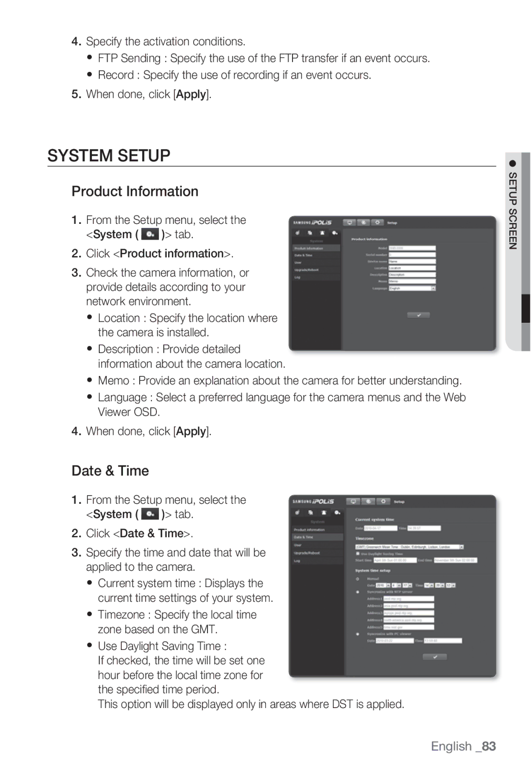 Samsung SND-5080F, SNV-5080, SNB-5000, SNB5000 user manual System Setup, Product Information, Date & Time 