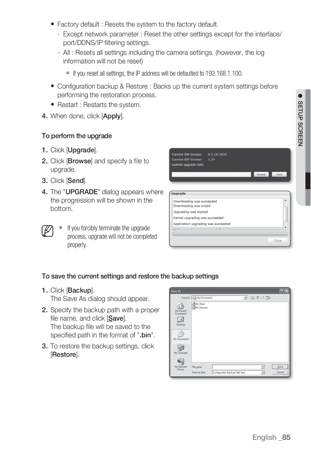 Samsung SNV-5080, SNB-5000, SND-5080F, SNB5000 user manual To restore the backup settings, click Restore 