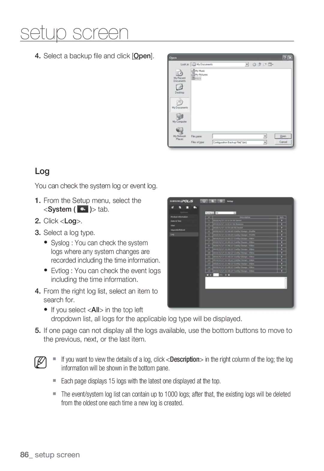 Samsung SNV-5080, SNB-5000, SND-5080F, SNB5000 user manual Log, Select a backup ﬁle and click Open 