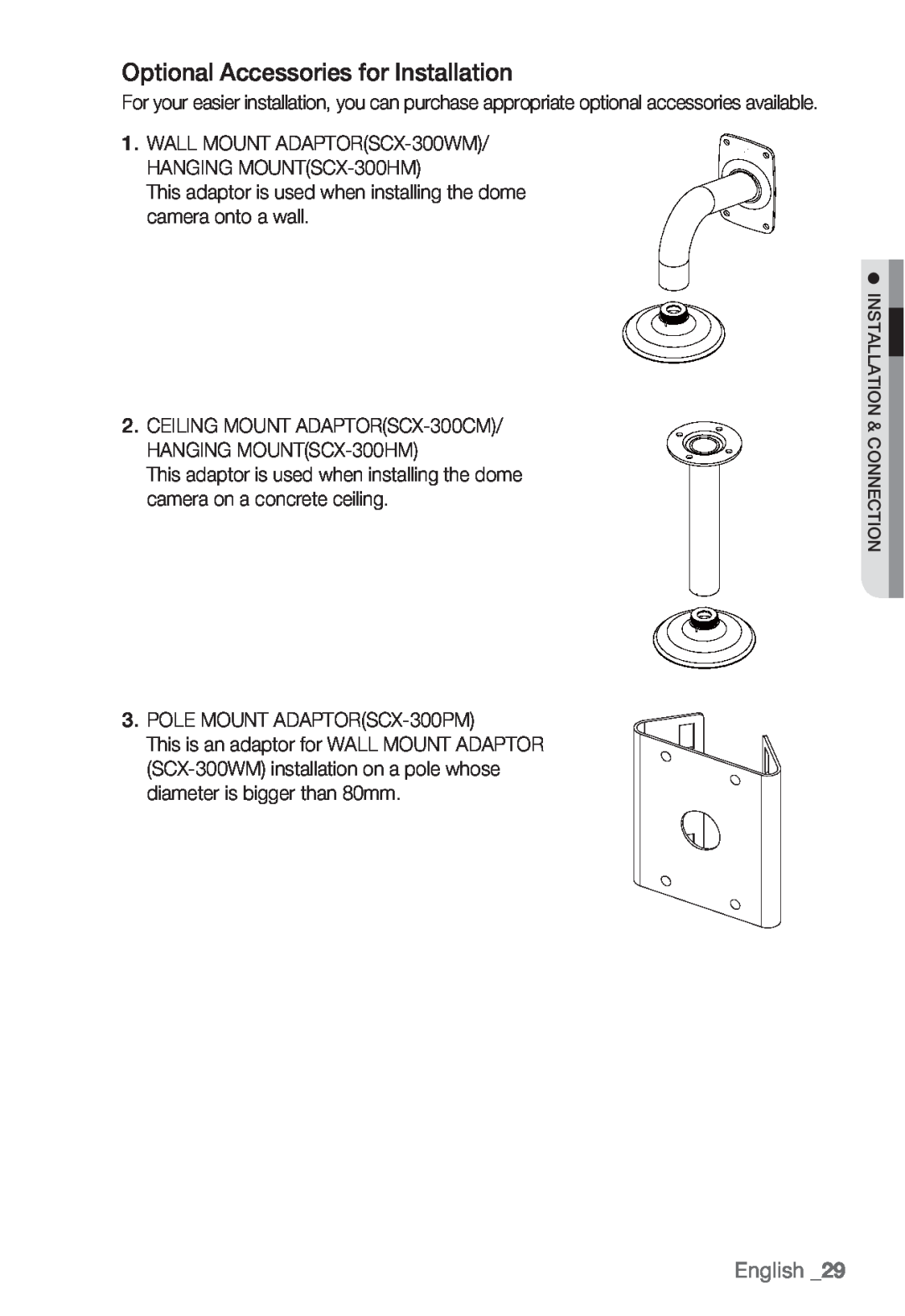 Samsung SNB5000, SNV-5080, SNB-5000, SND-5080F user manual Optional Accessories for Installation, English 
