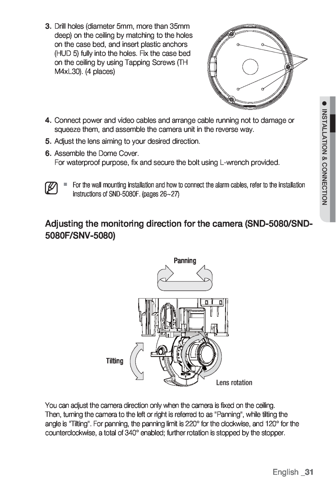 Samsung SND-5080, SNV-5080, SNB-5000 English, Adjust the lens aiming to your desired direction, Assemble the Dome Cover 