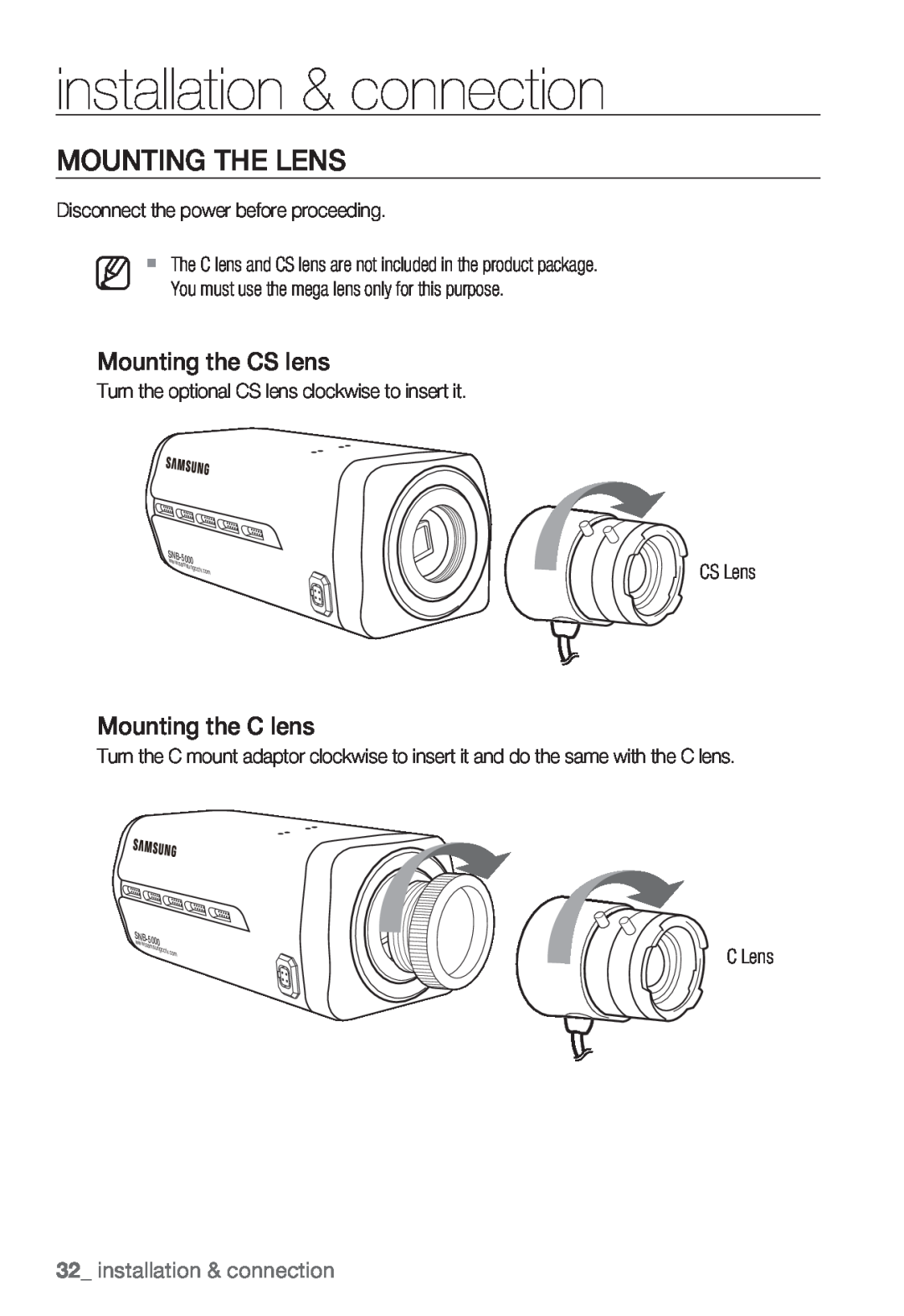 Samsung SNB-5000 Mounting The Lens, installation & connection, Mounting the CS lens, Mounting the C lens, samsungcctv.com 