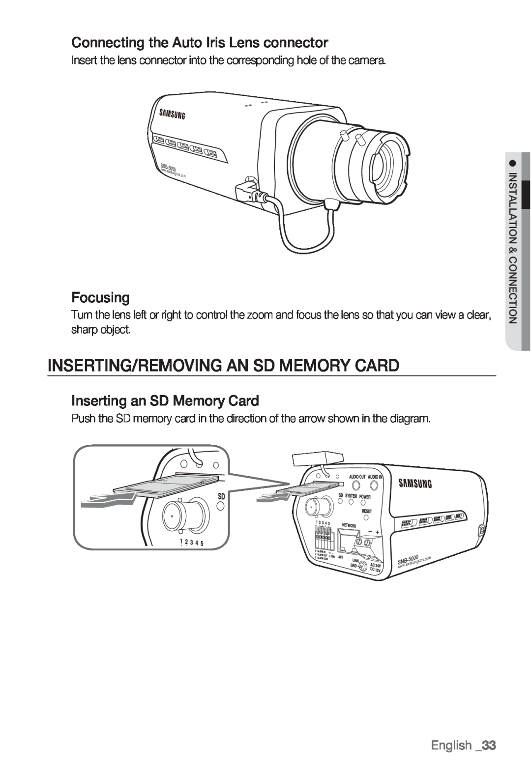 Samsung SND-5080F Inserting/Removing An Sd Memory Card, Connecting the Auto Iris Lens connector, Focusing, English 