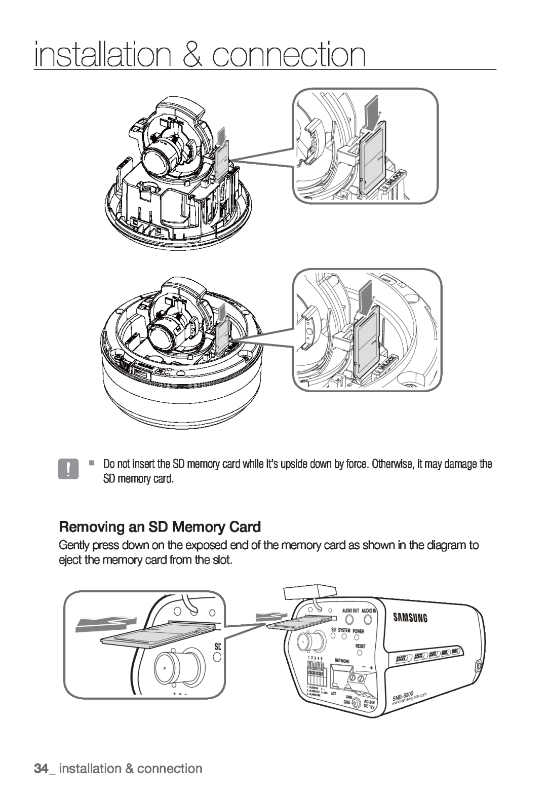 Samsung SNB5000, SNV-5080, SNB-5000, SND-5080F user manual installation & connection, Removing an SD Memory Card 