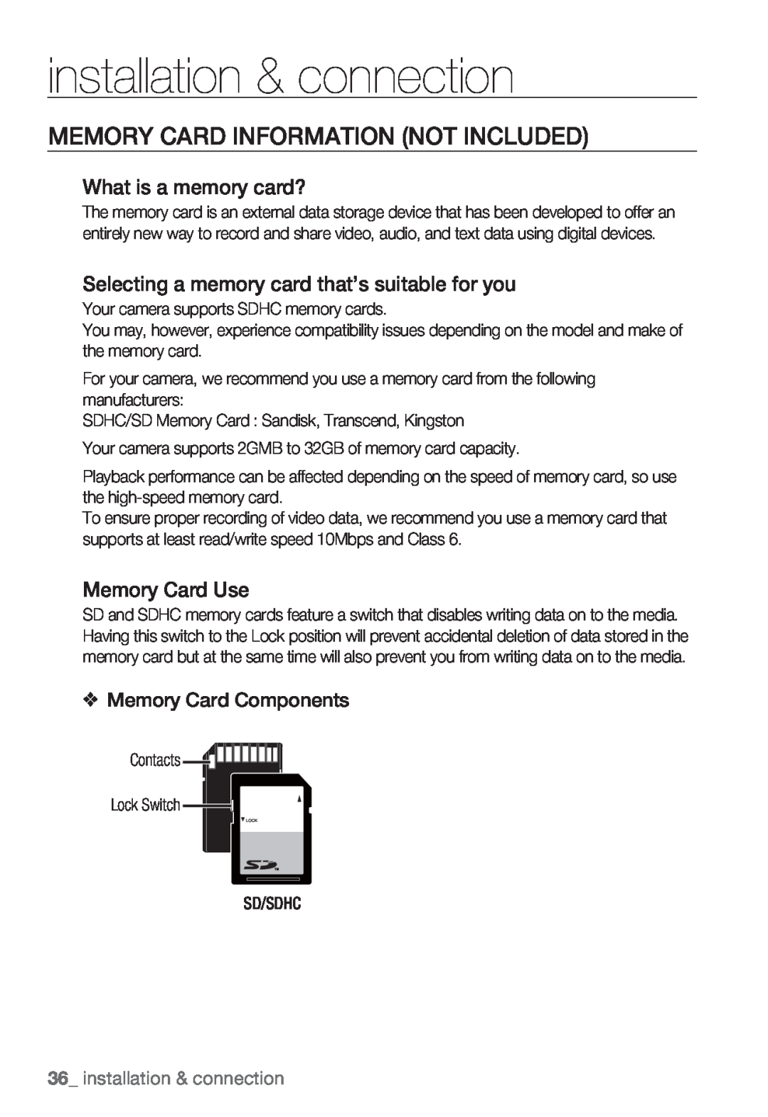 Samsung SND-5080 Memory Card Information Not Included, installation & connection, What is a memory card?, Memory Card Use 
