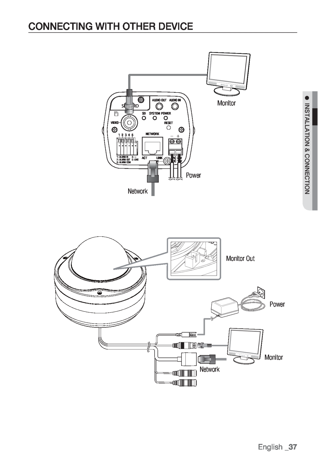 Samsung SNB-5000 Connecting With Other Device, English, Monitor, Audio Out, Audio In, System Power, Video, Reset, 1 2 3 4 