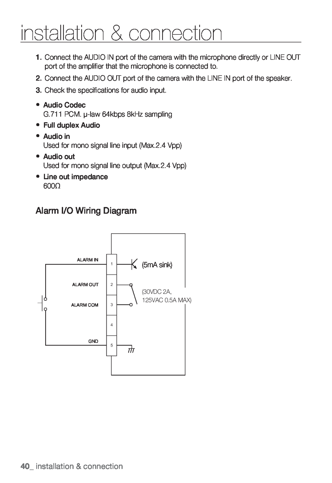 Samsung SNV-5080, SNB-5000, SND-5080F, SNB5000 user manual installation & connection, Alarm I/O Wiring Diagram 
