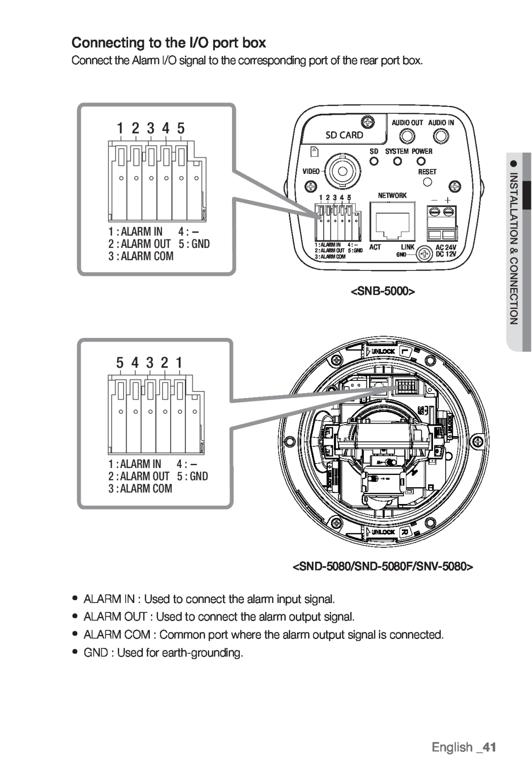 Samsung SNV-5080, SNB-5000, SND-5080F, SNB5000 user manual 1 2 3 4, 5 4 3 2, Connecting to the I/O port box, Gnd, English 