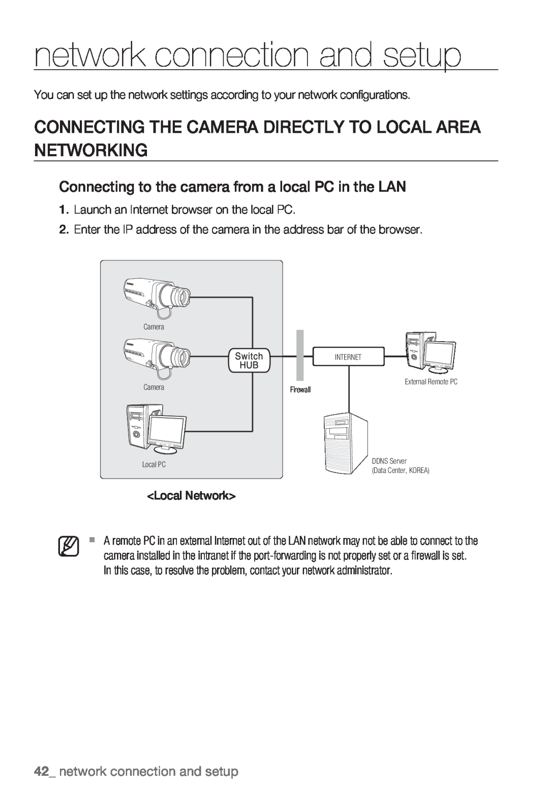 Samsung SNB-5000, SNV-5080, SND-5080 network connection and setup, Connecting The Camera Directly To Local Area Networking 