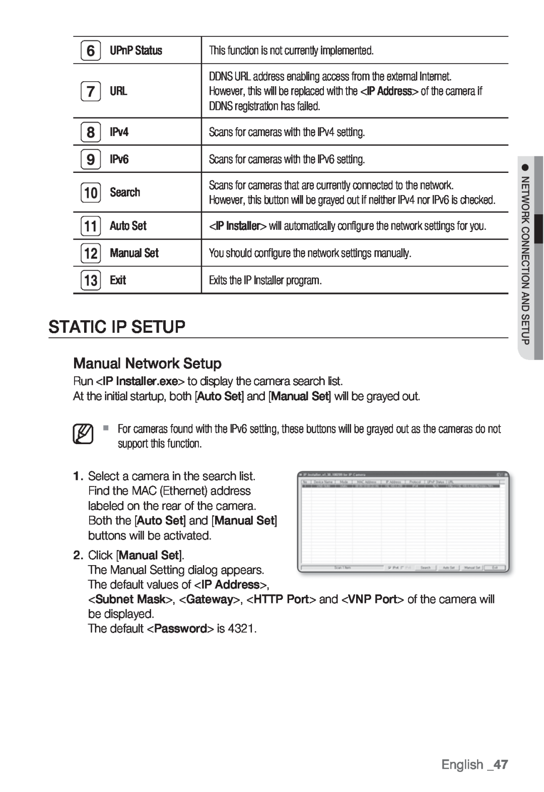 Samsung SNB-5000, SNV-5080, SND-5080F, SNB5000 user manual Static Ip Setup, Manual Network Setup, English 