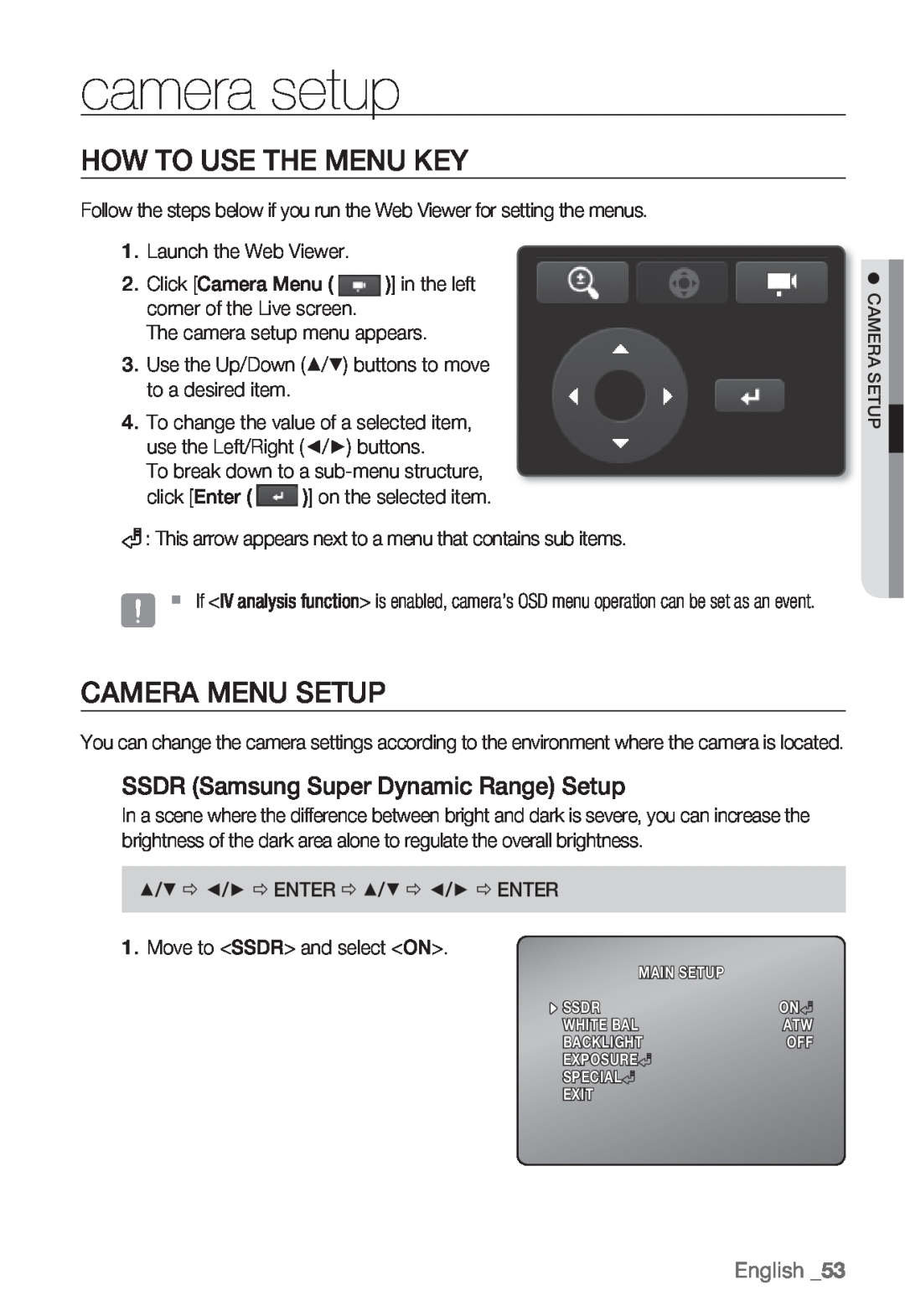 Samsung SND-5080F, SNV-5080, SNB-5000, SNB5000 user manual camera setup, How To Use The Menu Key, Camera Menu Setup, English 