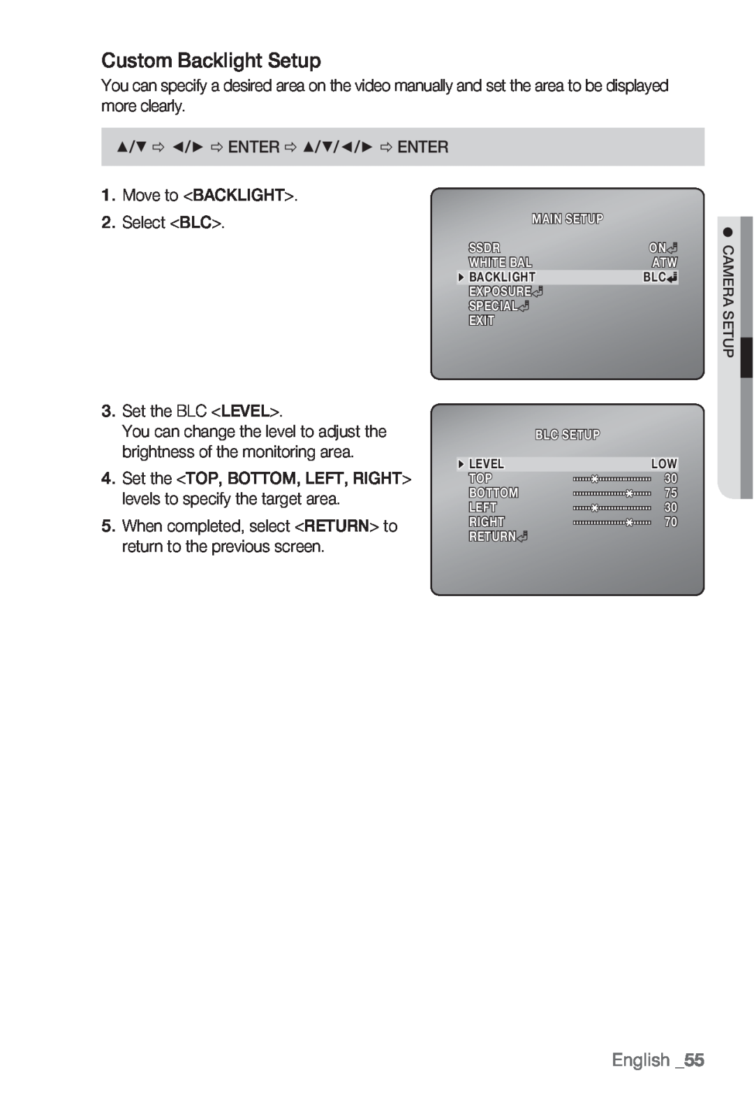 Samsung SNV-5080, SNB-5000, SND-5080F, SNB5000 user manual Custom Backlight Setup, English, Select BLC 