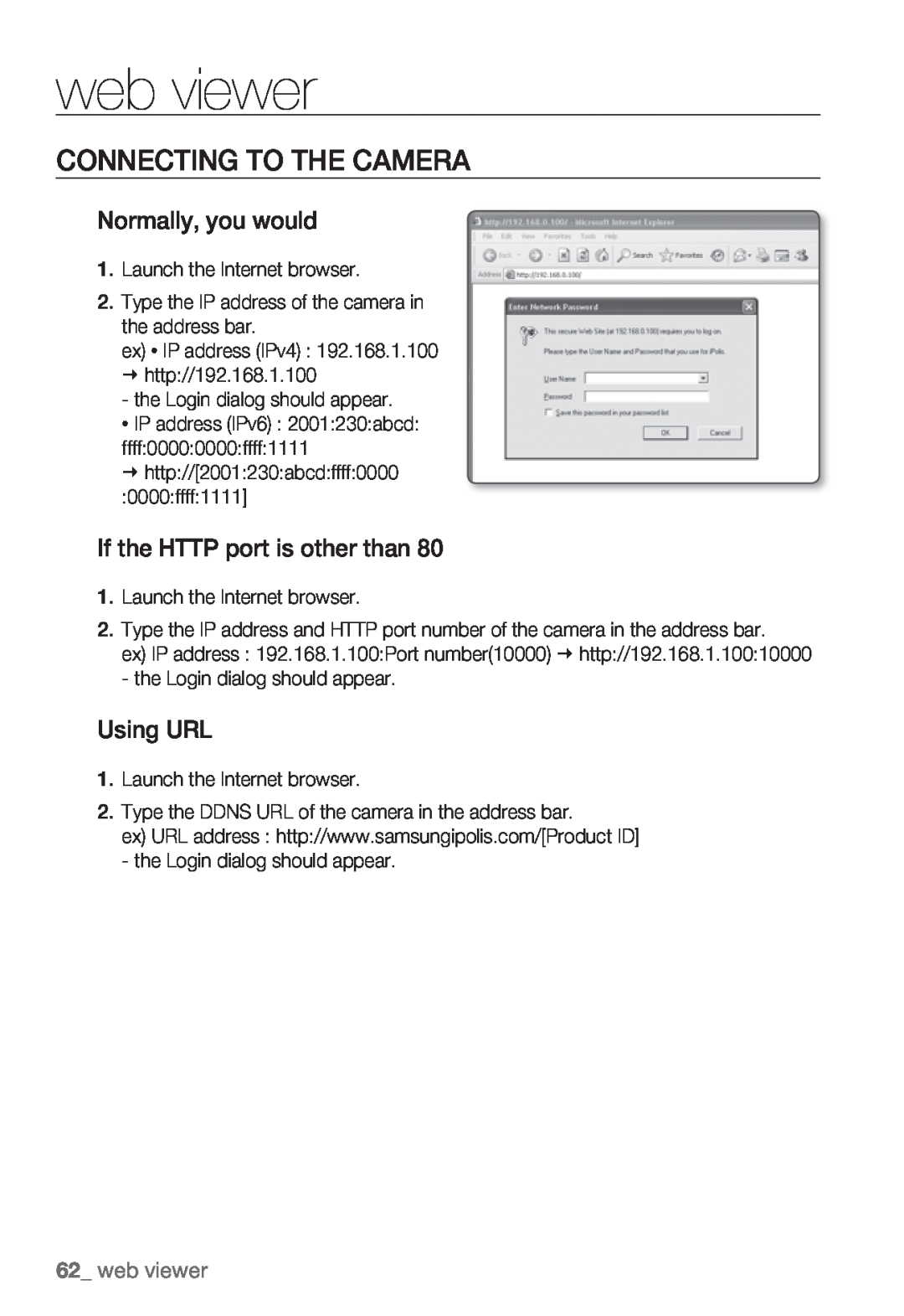 Samsung SNB-5000, SNV-5080, SND-5080F, SNB5000 user manual web viewer, Connecting To The Camera 