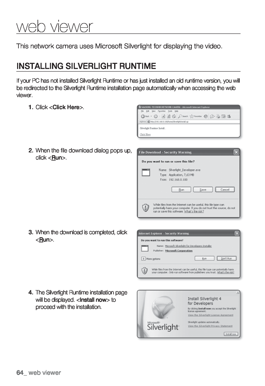 Samsung SNB5000, SNV-5080, SNB-5000, SND-5080F user manual Installing Silverlight Runtime, web viewer 