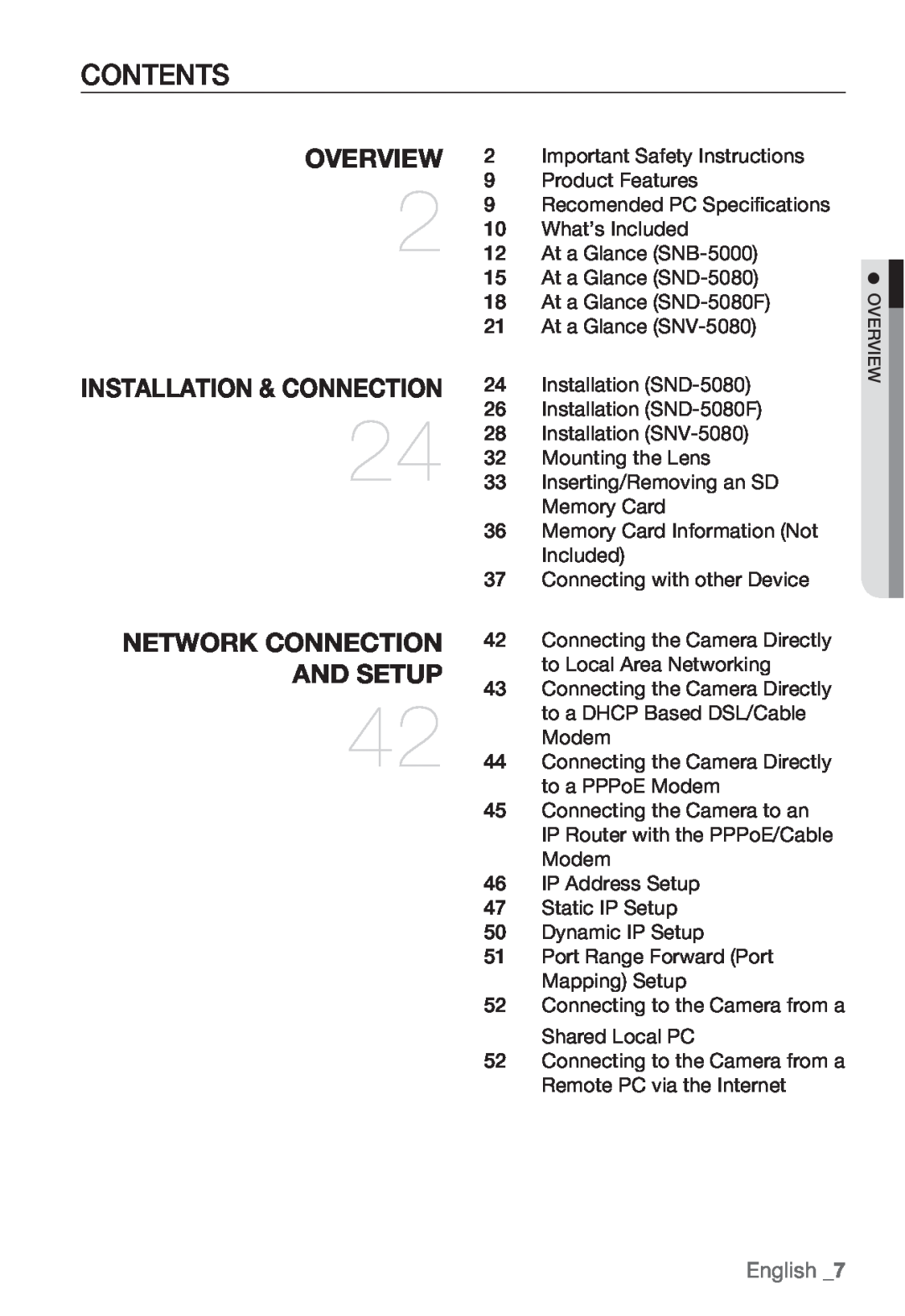 Samsung SNB-5000, SNV-5080, SND-5080 Contents, Overview, Network Connection, And Setup, Installation & Connection, English 