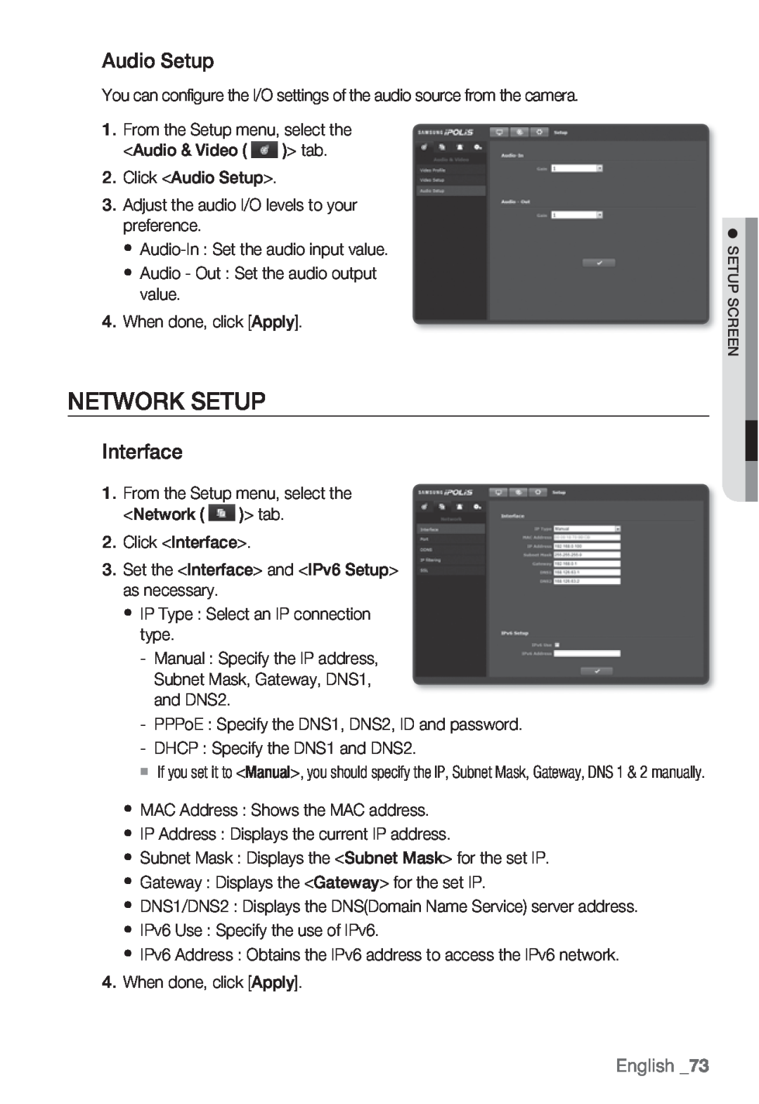 Samsung SND-5080F, SNV-5080, SNB-5000, SNB5000 user manual Network Setup, Audio Setup, Interface, English 