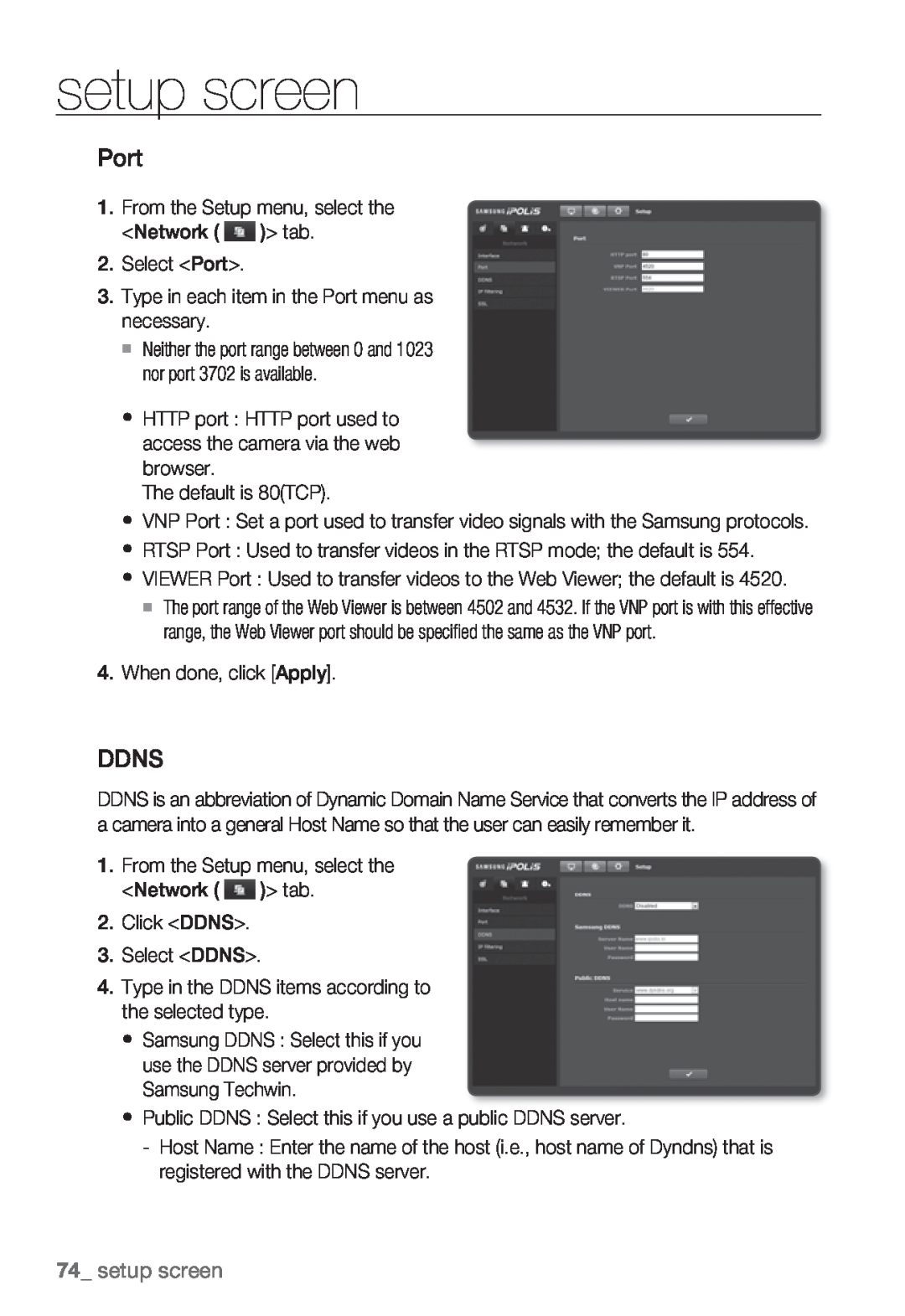 Samsung SNB5000, SNV-5080, SNB-5000, SND-5080F user manual setup screen, Port, Ddns 