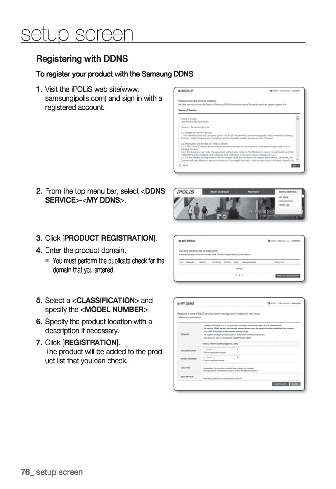 Samsung SNV-5080, SNB-5000, SND-5080F, SNB5000 user manual setup screen, Registering with DDNS 