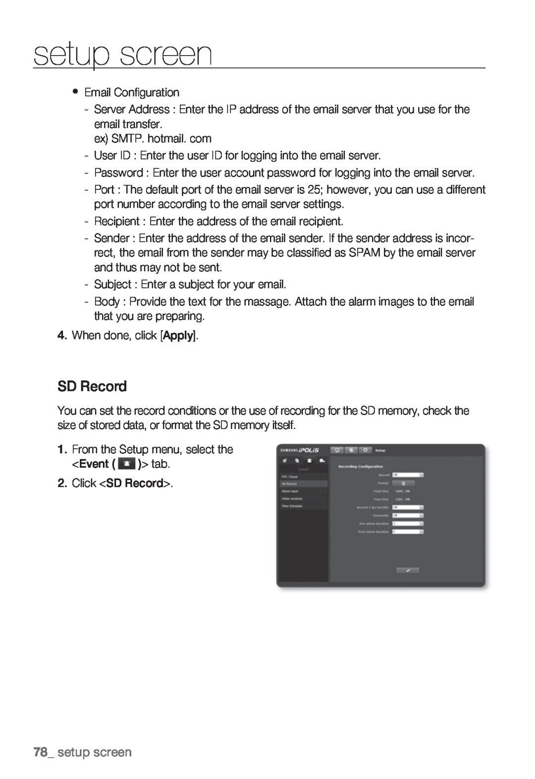 Samsung SND-5080F, SNV-5080, SNB-5000, SNB5000 user manual setup screen, SD Record 