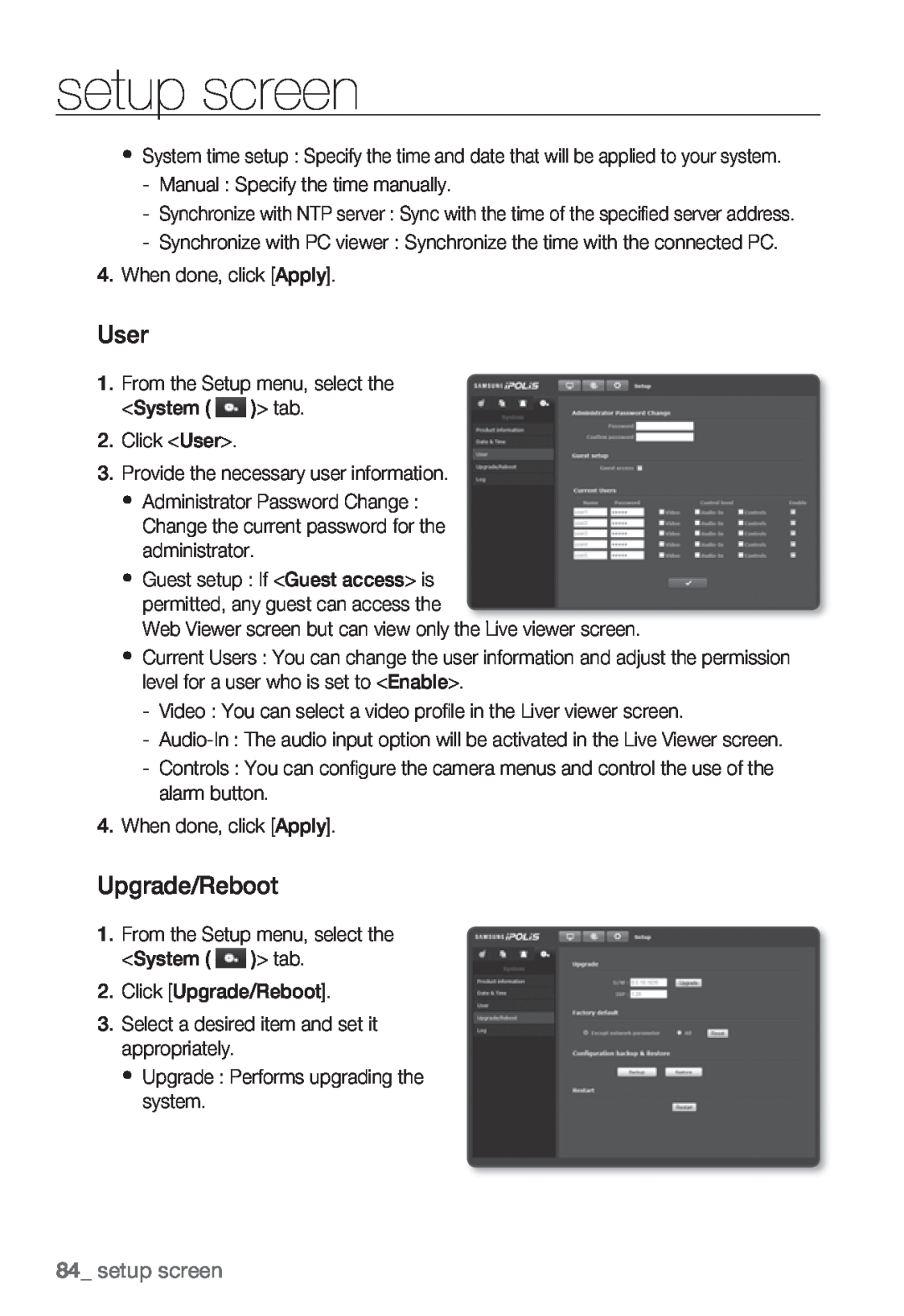 Samsung SNB5000, SNV-5080, SNB-5000, SND-5080F user manual setup screen, User, Upgrade/Reboot 