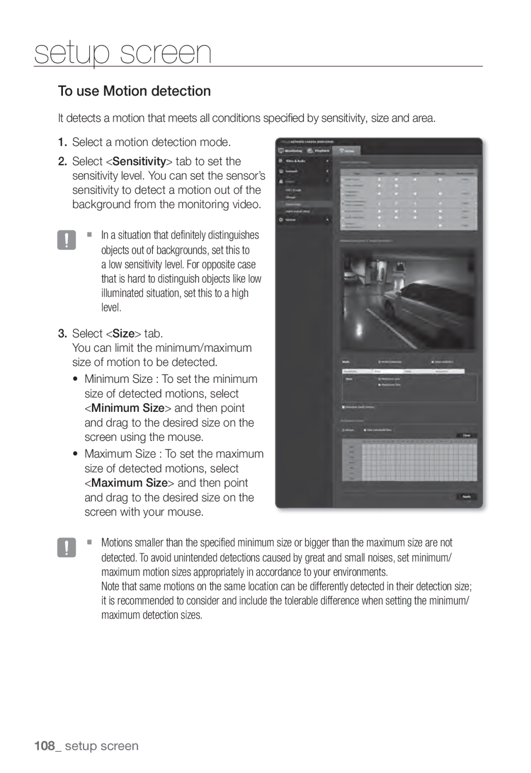 Samsung SNV-7082, SND-7082F, SNB-7002 user manual To use Motion detection, Select Size tab 