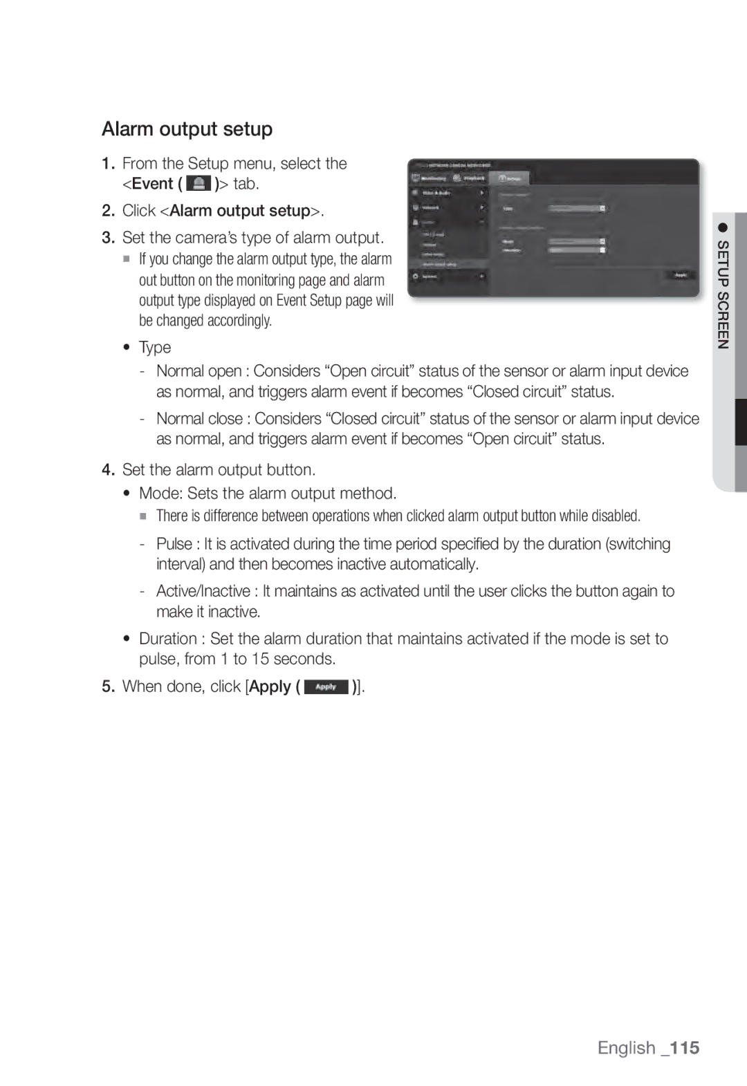 Samsung SNB-7002, SNV-7082, SND-7082F user manual Alarm output setup, Type 