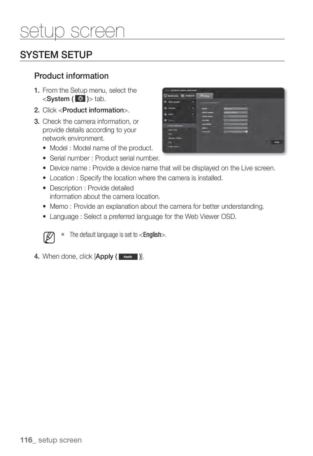 Samsung SNV-7082, SND-7082F, SNB-7002 user manual System Setup, Product information 