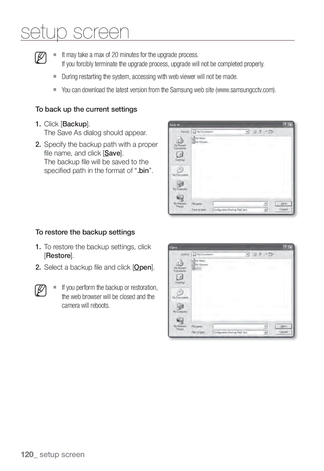 Samsung SNV-7082, SND-7082F, SNB-7002 user manual It may take a max of 20 minutes for the upgrade process 