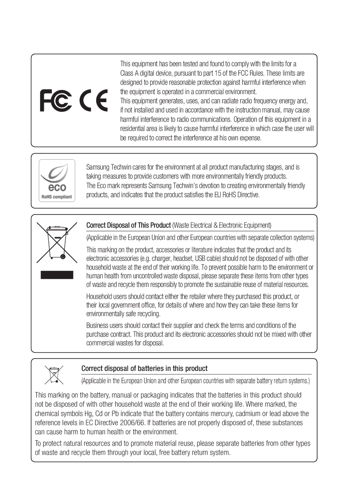 Samsung SNV-7082, SND-7082F, SNB-7002 user manual Correct disposal of batteries in this product 