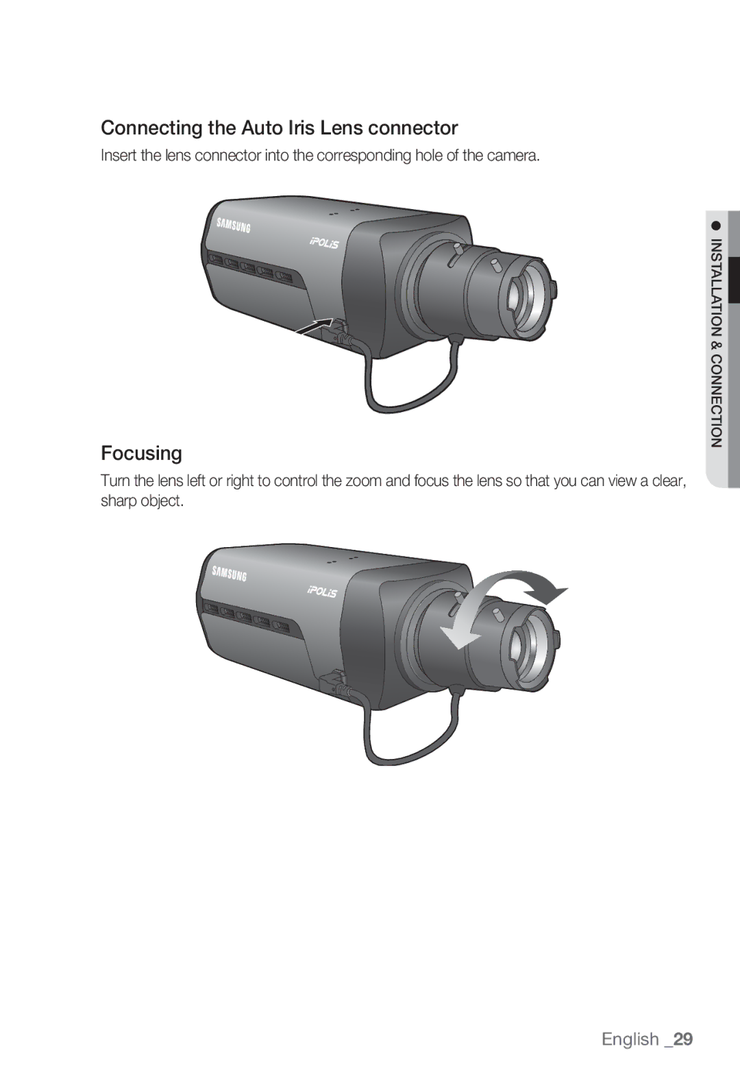 Samsung SNV-7082, SND-7082F, SNB-7002 user manual Connecting the Auto Iris Lens connector, Focusing 