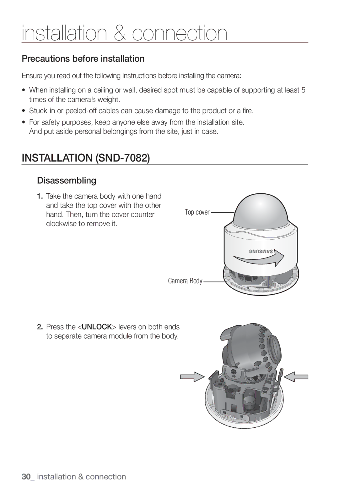 Samsung SND-7082F, SNV-7082 Installation SND-7082, Precautions before installation, Disassembling, Top cover, Camera Body 