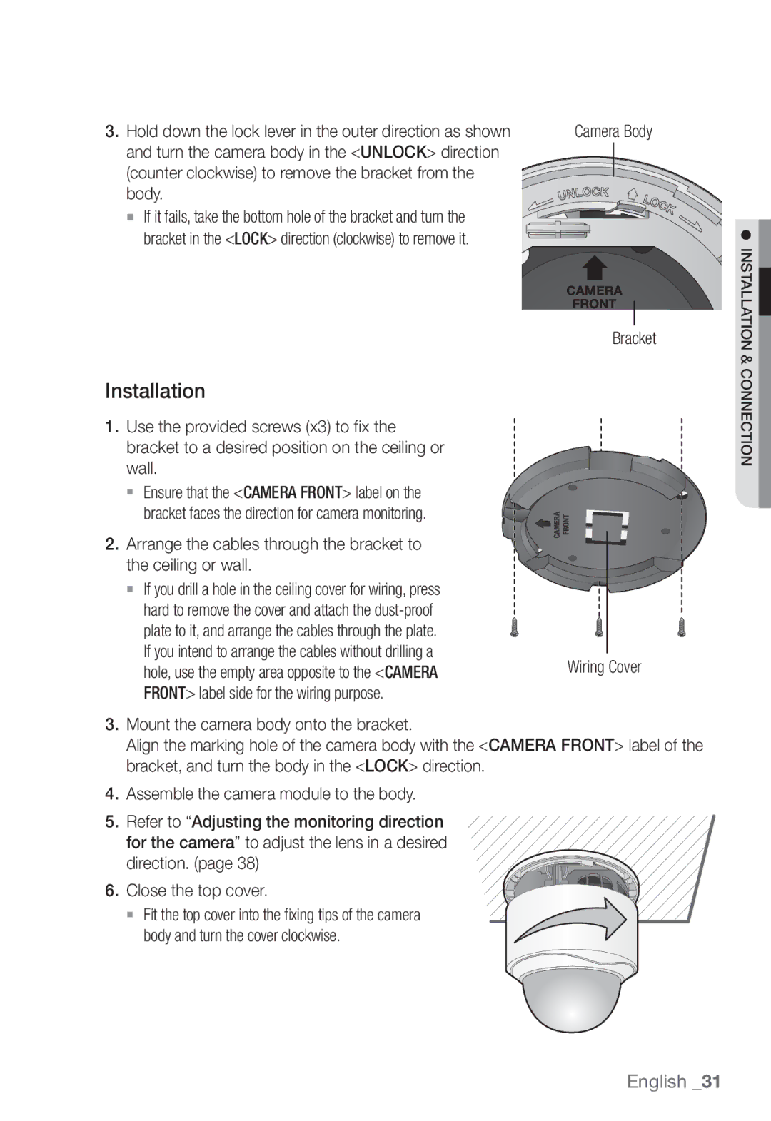 Samsung SNB-7002 Installation, Hold down the lock lever in the outer direction as shown, Direction. Close the top cover 