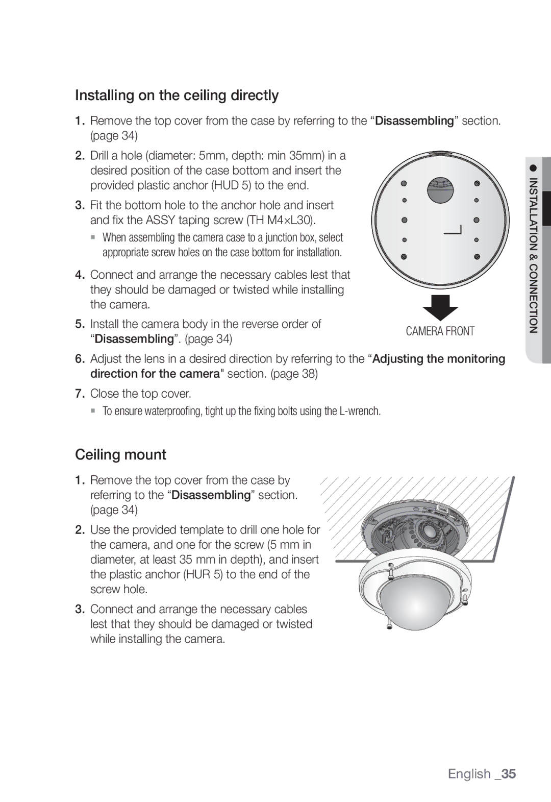 Samsung SNB-7002, SNV-7082, SND-7082F user manual Installing on the ceiling directly, Ceiling mount, Disassembling 