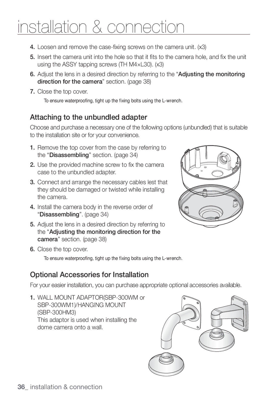 Samsung SNV-7082, SND-7082F, SNB-7002 Attaching to the unbundled adapter, Optional Accessories for Installation 