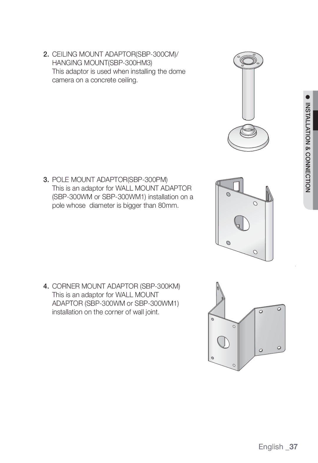 Samsung SNV-7082, SND-7082F, SNB-7002 user manual Pole Mount ADAPTORSBP-300PM 