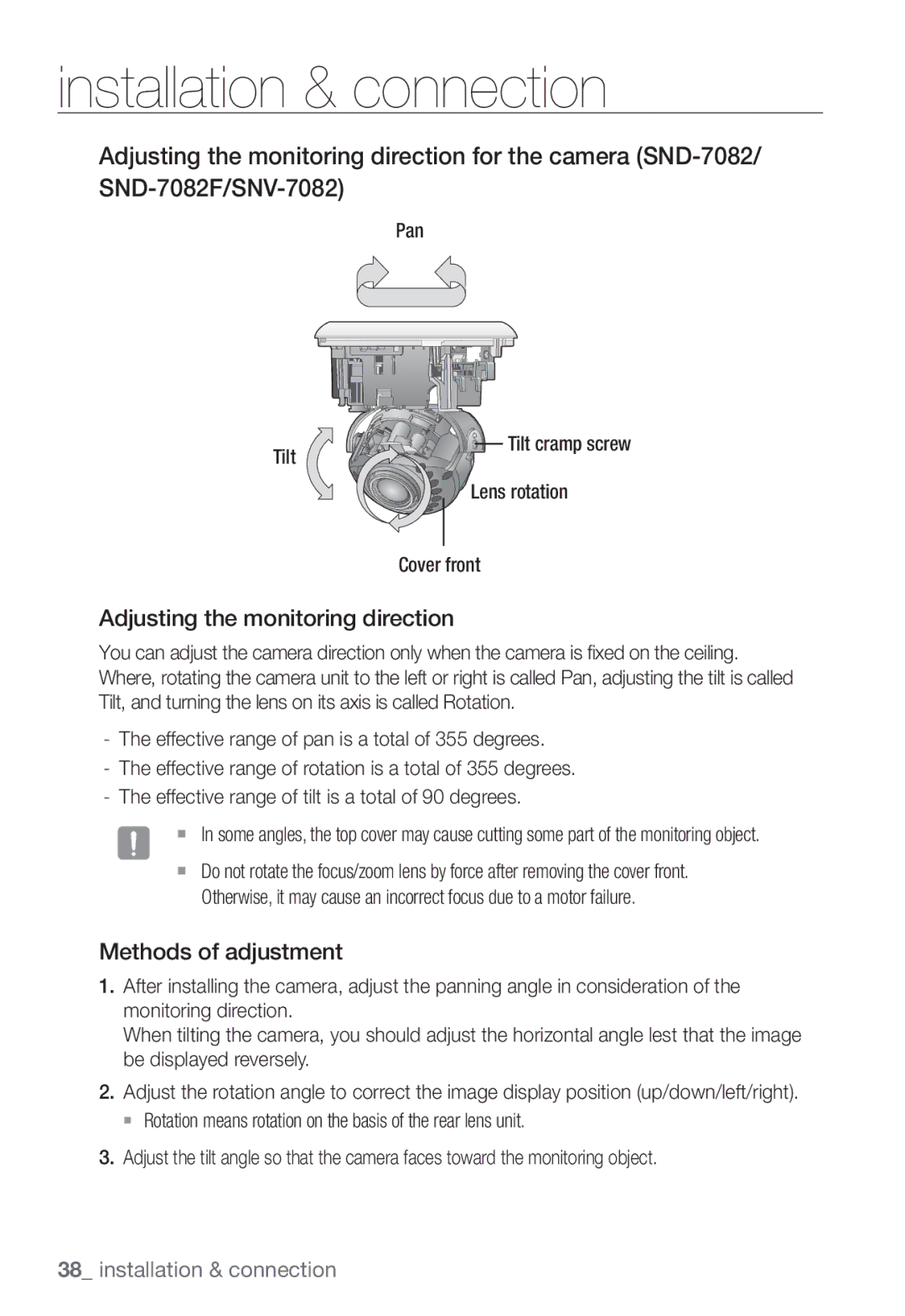 Samsung SND-7082F, SNV-7082, SNB-7002 user manual Adjusting the monitoring direction, Methods of adjustment 