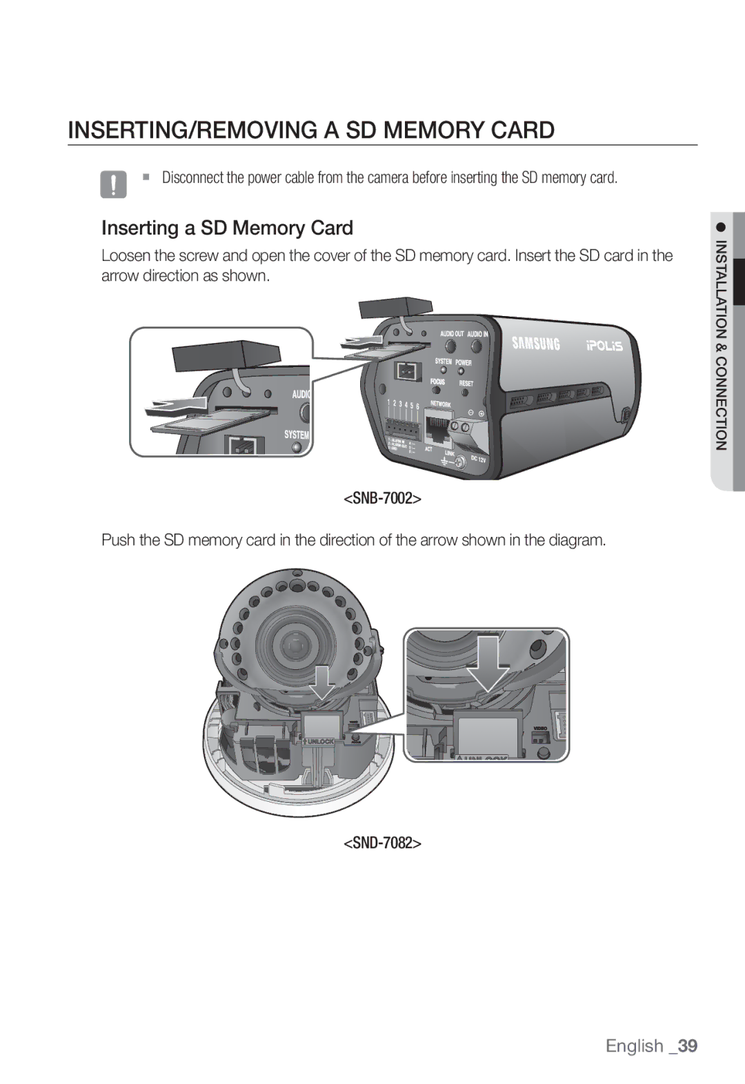 Samsung SNB-7002, SNV-7082, SND-7082F user manual INSERTING/REMOVING a SD Memory Card, Inserting a SD Memory Card 