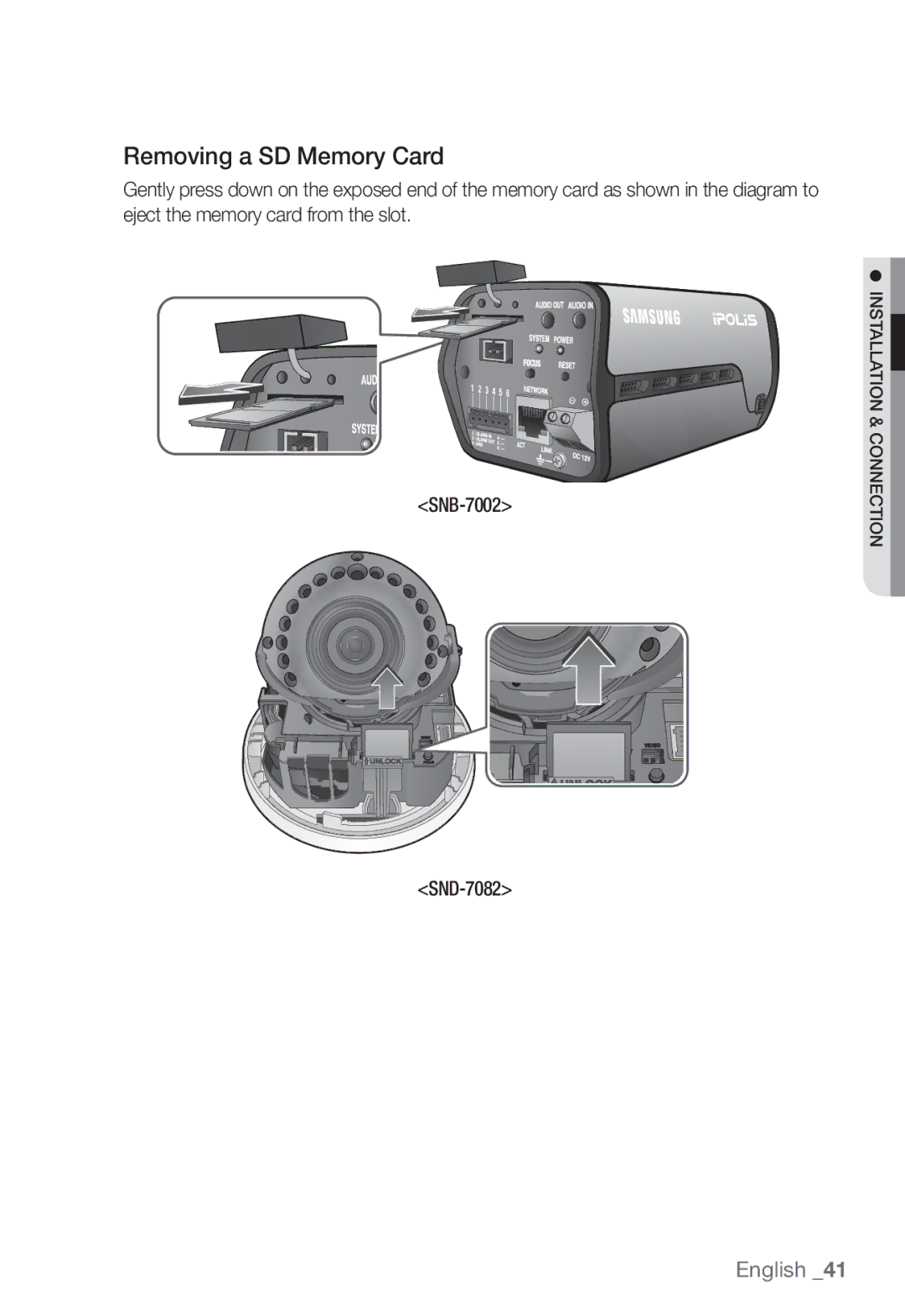 Samsung SNV-7082, SND-7082F, SNB-7002 user manual Removing a SD Memory Card 