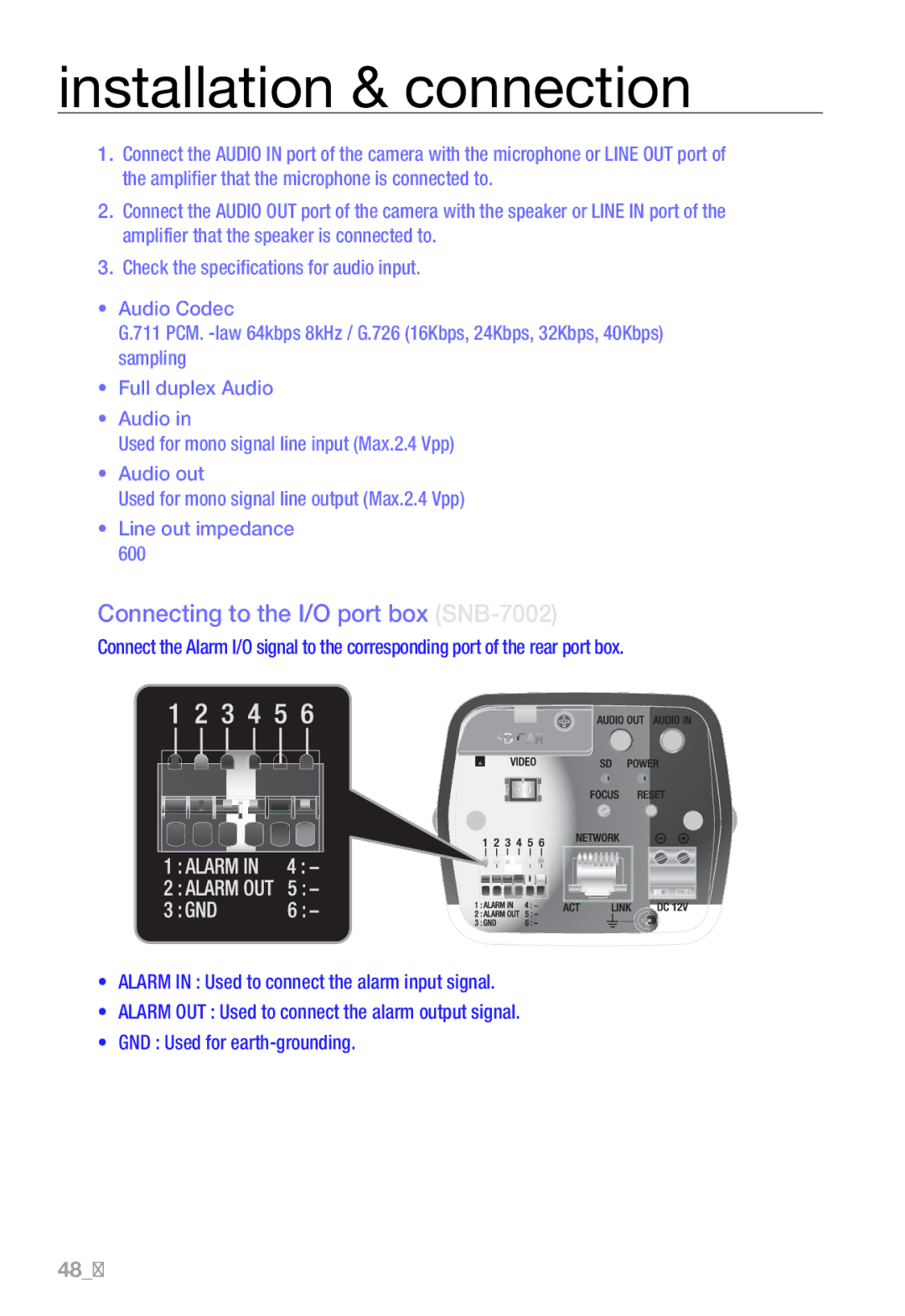 Samsung SNV-7082, SND-7082F user manual Connecting to the I/O port box SNB-7002 