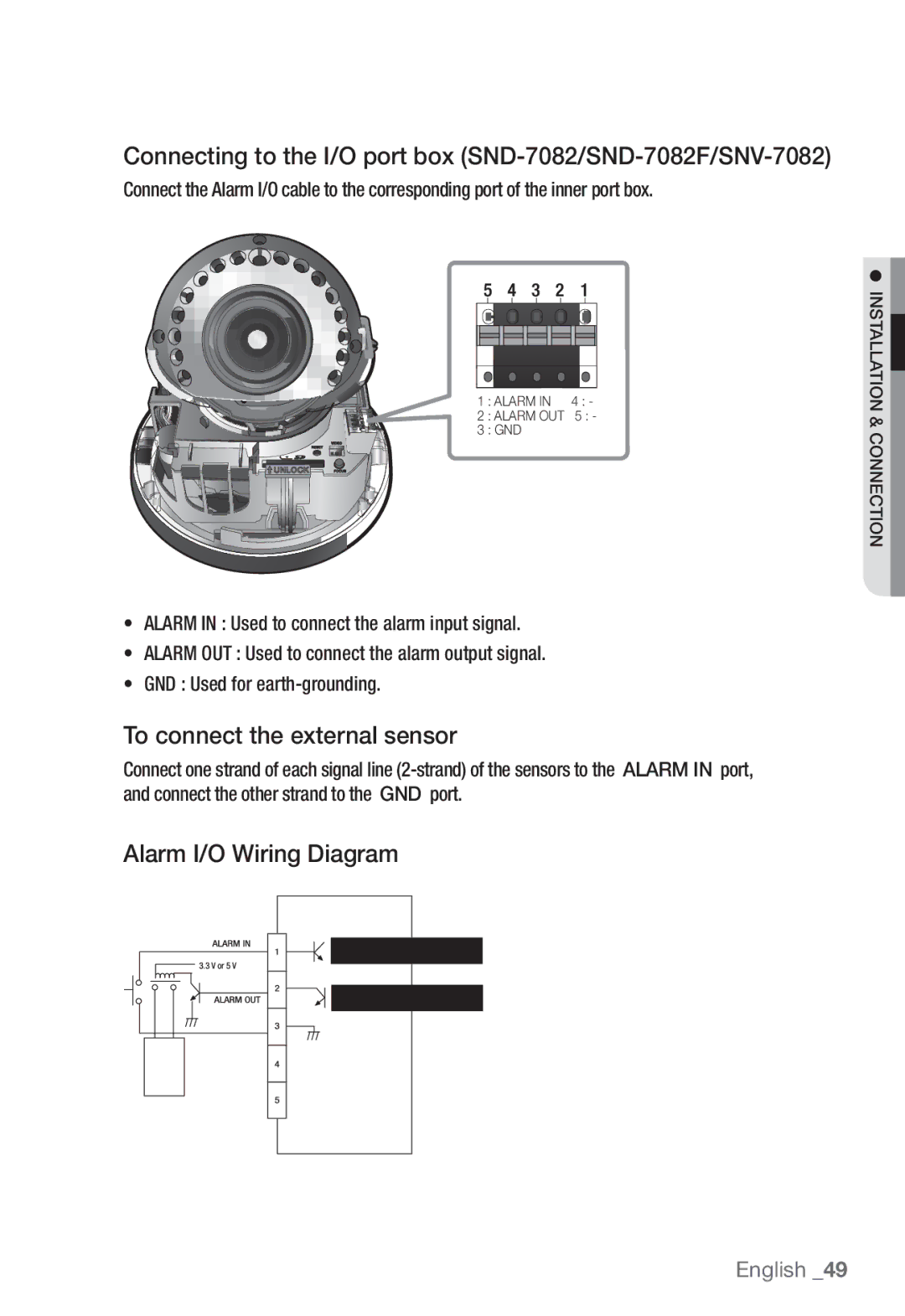 Samsung SNB-7002 user manual Connecting to the I/O port box SND-7082/SND-7082F/SNV-7082, To connect the external sensor 