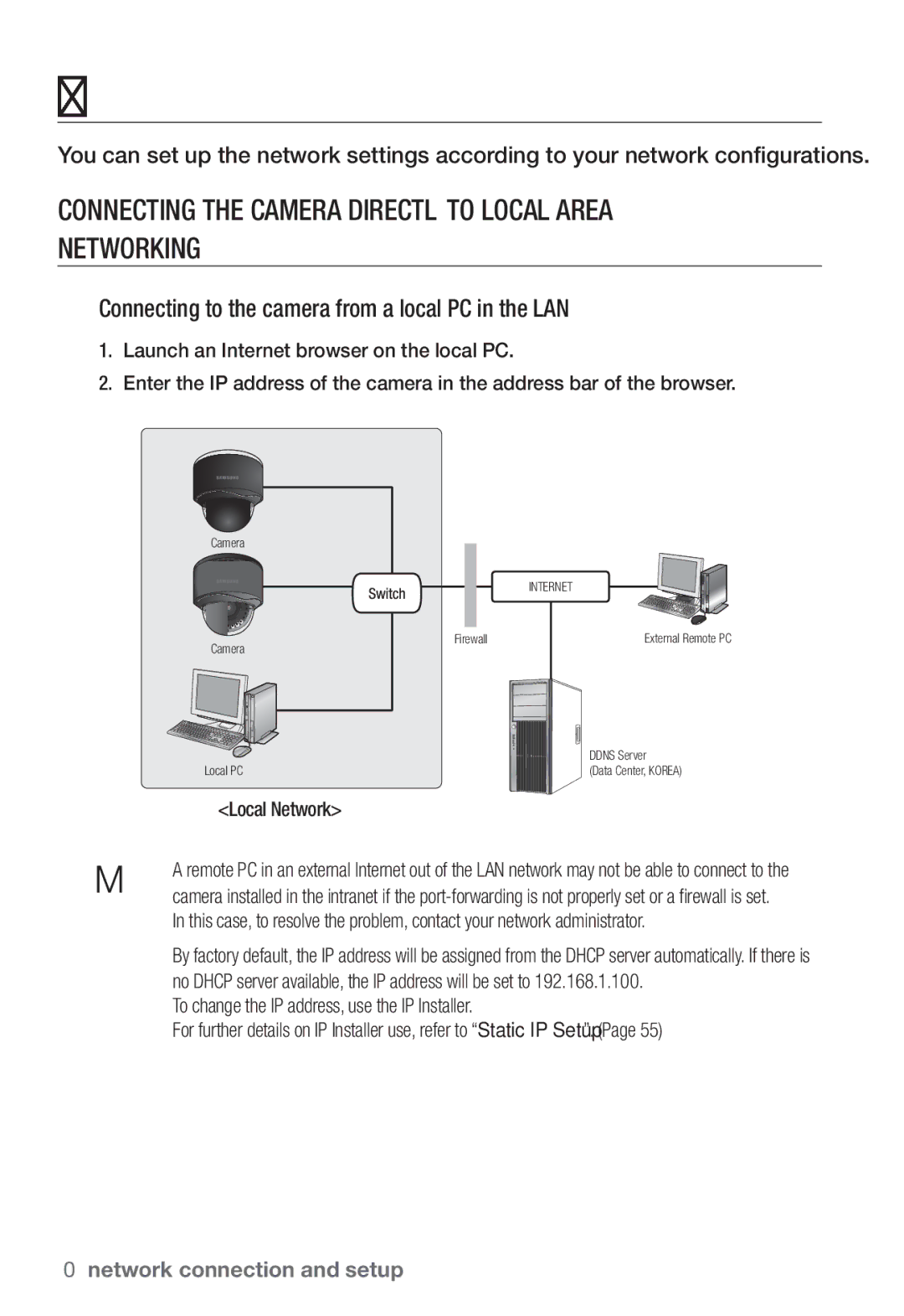 Samsung SND-7082F, SNV-7082, SNB-7002 user manual Connecting the Camera Directly to Local Area Networking, Local Network 